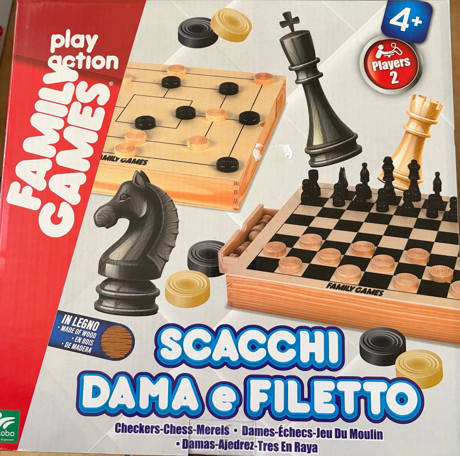 GIOCO SCACCHI DAMA E FILETTO IN LEGNO
