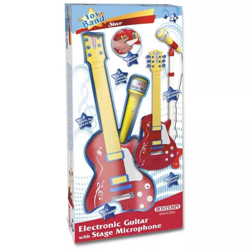 CHITARRA ROCK CON MICROFONO COLORE ROSSO E GIALLO