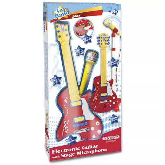 CHITARRA ROCK CON MICROFONO COLORE ROSSO E GIALLO